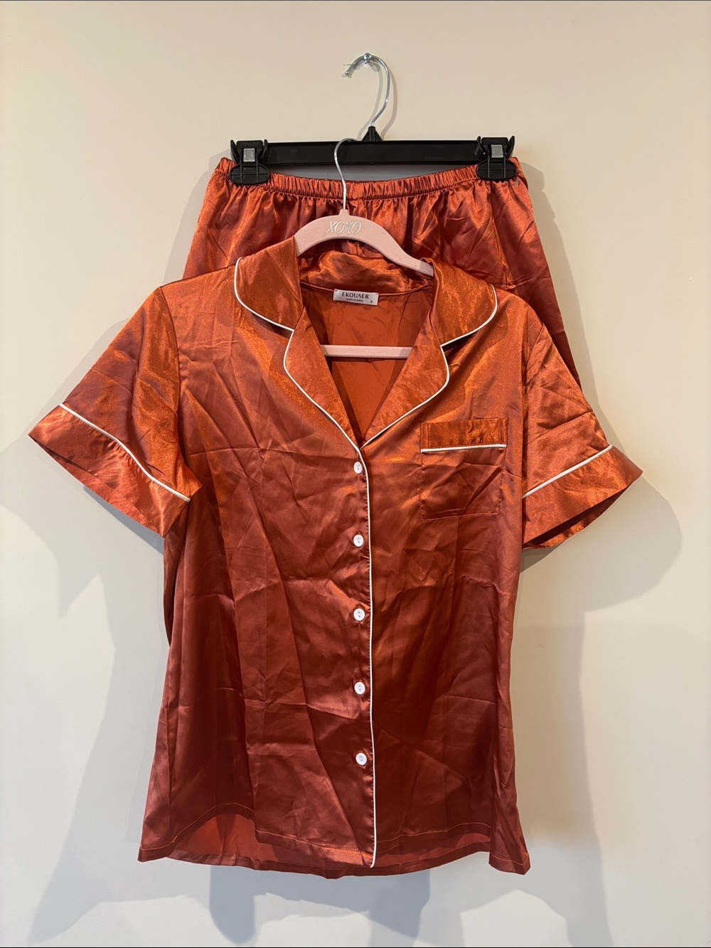 Silky Orange Short Sleeve Pajama Set with Contrast Piping